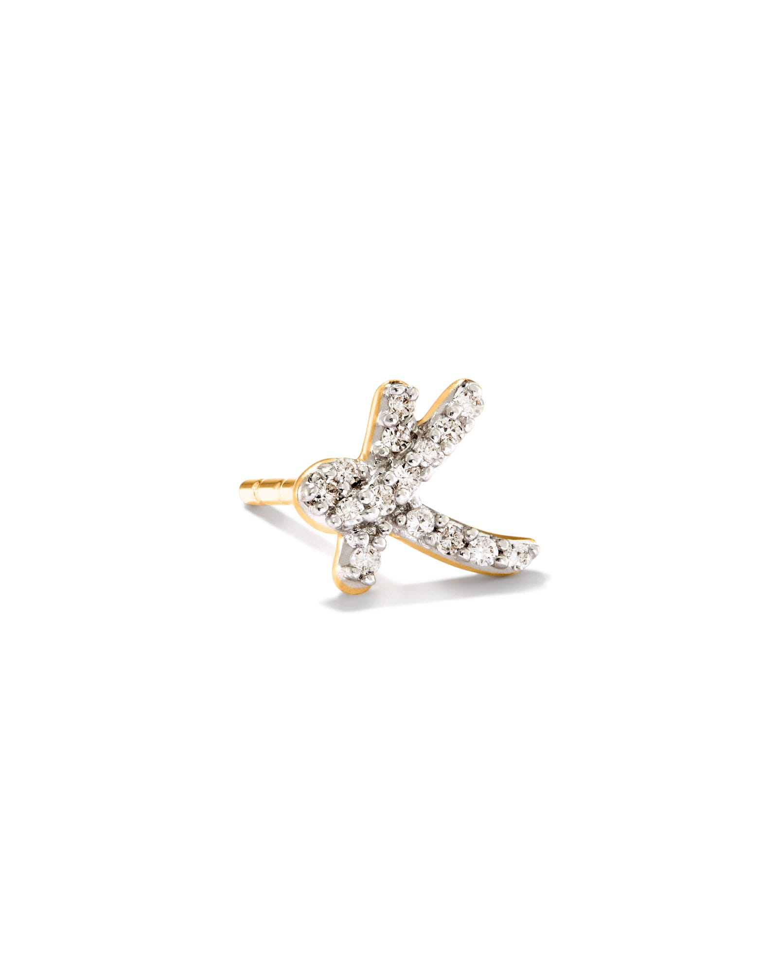 Letter K 14k Yellow Gold Single Stud Earring in White Diamond