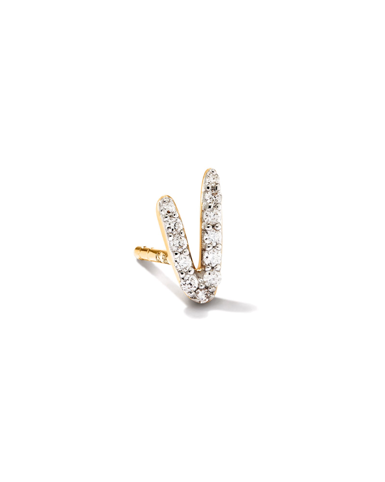 Letter V 14k Yellow Gold Single Stud Earring in White Diamond