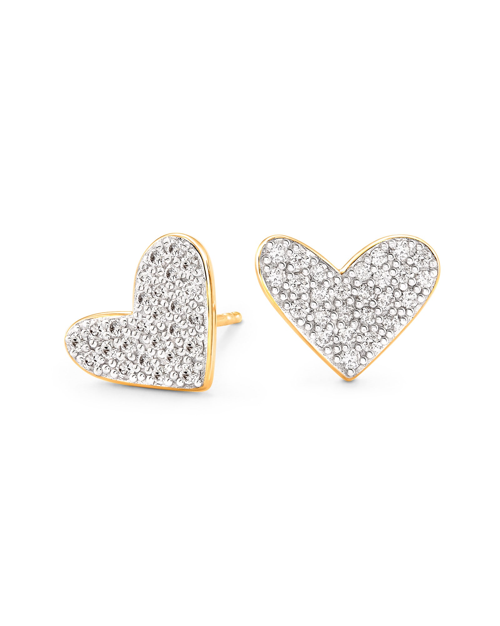 Large Heart 14k Yellow Gold Stud Earrings in White Diamond