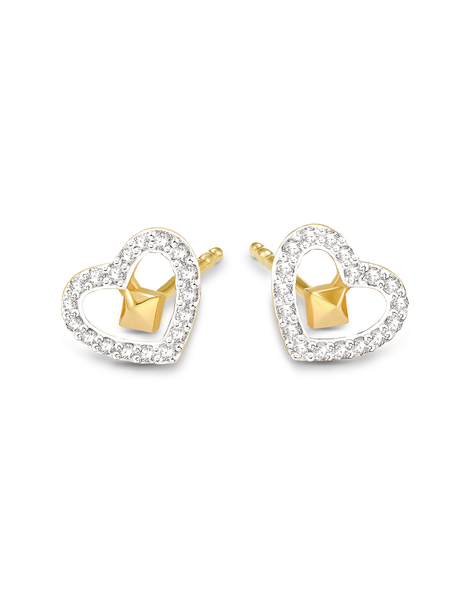 Open Heart 14k Yellow Gold Stud Earrings in White Diamond