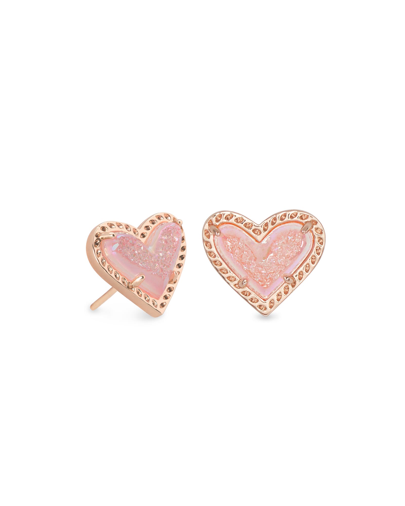 Ari Heart Rose Gold Stud Earrings in Pink Drusy