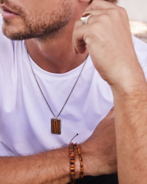 Men’s Oxidized Sterling Silver Dog Tag Necklace in Brown Tiger’s Eye