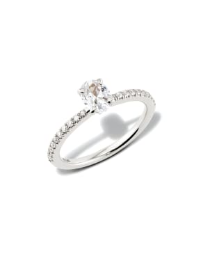 Oval Solitaire Engagement Ring with Pave Diamonds in 14k White Gold