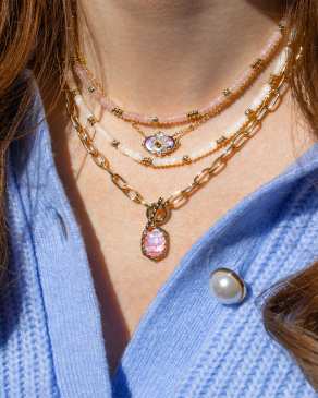 Daphne Convertible Gold Link and Chain Necklace in Light Pink Iridescent Abalone