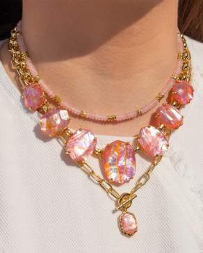 Daphne Convertible Gold Link and Chain Necklace in Light Pink Iridescent Abalone