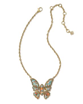 Ember Vintage Gold Butterfly Statement Necklace in Bronze Veined Turquoise Magnesite Red Oyster