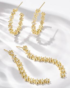 Nydia Gold Linear Earrings in White Crystal