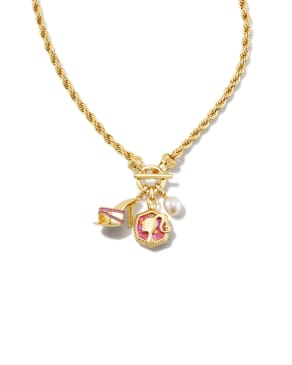 Barbie™ x Kendra Scott Gold Pearl Charm Convertible Necklace in Pink Iridescent Glitter Glass