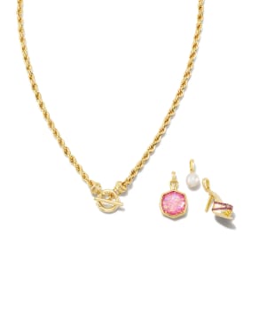 Barbie™ x Kendra Scott Gold Pearl Charm Convertible Necklace in Pink Iridescent Glitter Glass