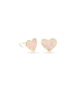 Ari Heart Gold Stud Earrings in Rose Quartz