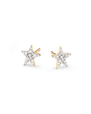 Star 14k Yellow Gold Stud Earrings in White Diamonds