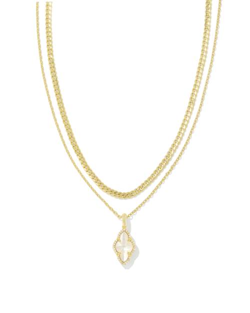 Abbie Gold Pave Frame Multi Strand Necklace in Ivory Mother-of-Pearl