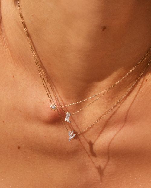 Tiny Cactus 14k Yellow Gold Pendant Necklace in White Diamond