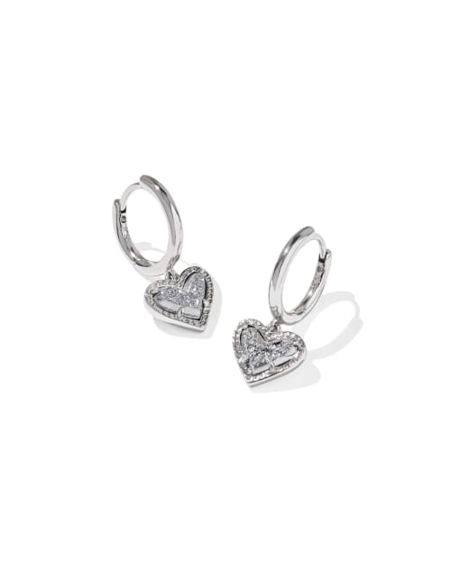 Ari Heart Silver Huggie Earrings in Platinum Drusy