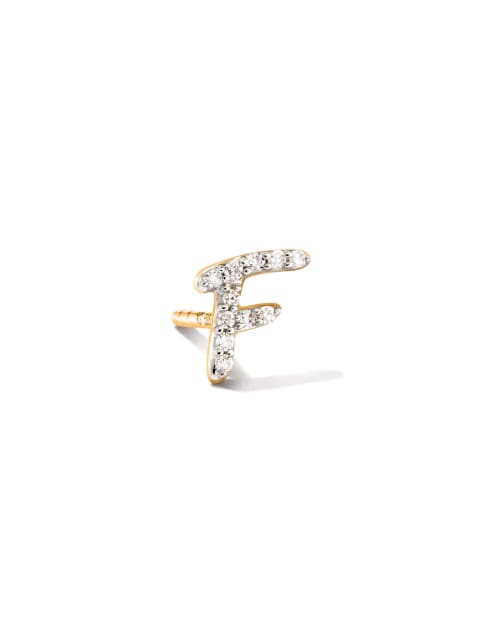Letter F 14k Yellow Gold Single Stud Earring in White Diamond