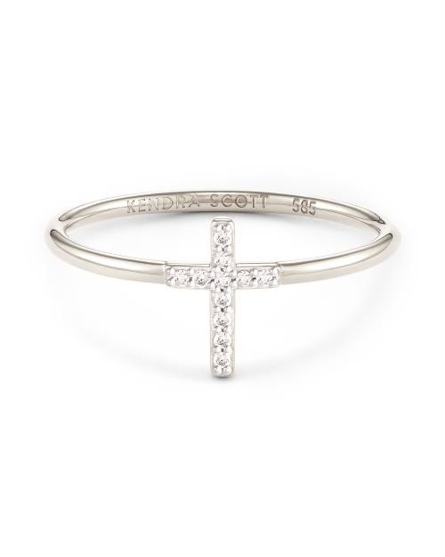 Cross 14k White Gold Band Ring in White Diamond