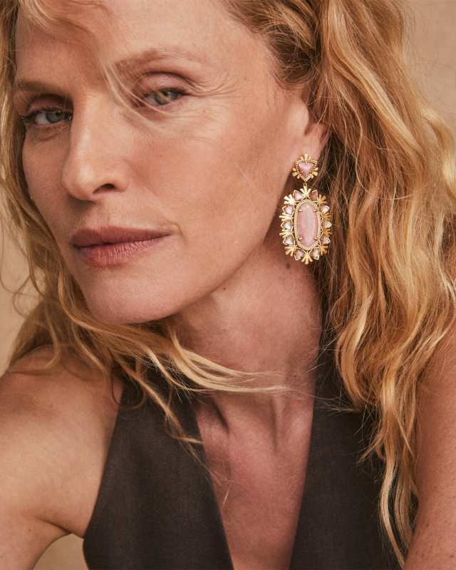 Havana Vintage Gold Statement Earrings in Blush Pink Quartzite image number 1.0