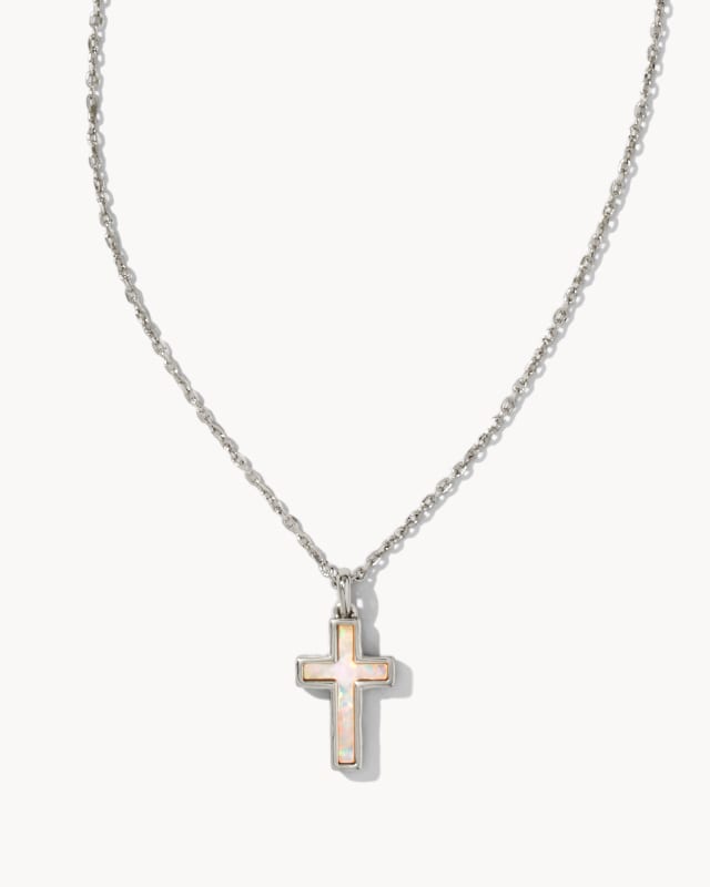 Cross Silver Pendant Necklace in White Kyocera Opal image number 0.0