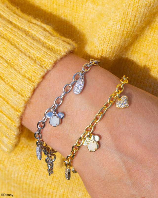 Disney | Kendra Scott Gold Mickey Mouse and Minnie Mouse Charm Bracelet in Iridescent White Mix image number 1.0