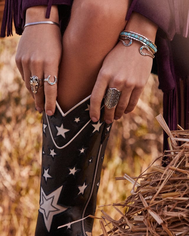 Ember Silver Triple Cuff Bracelet in Variegated Turquoise Magnesite image number 4.0