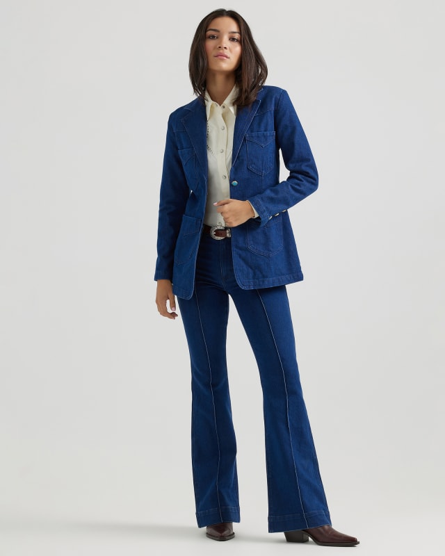 Wrangler® x Yellow Rose by Kendra Scott 70's Fitted Blazer in Rinsed Wrangler Blue image number 0.0