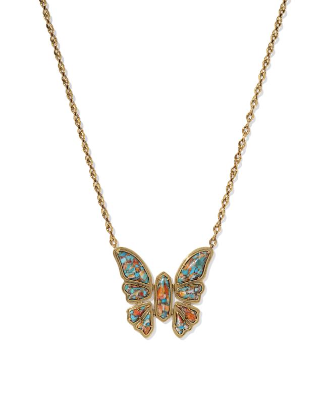 Ember Vintage Gold Butterfly Statement Necklace in Bronze Veined Turquoise Magnesite Red Oyster image number 0.0