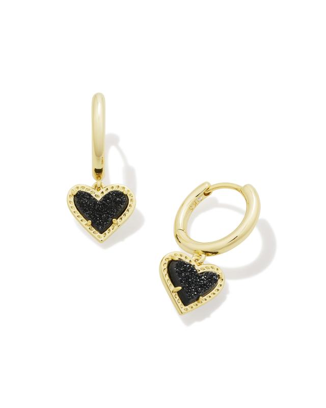 Ari Heart Gold Huggie Earrings in Black Drusy image number 0.0