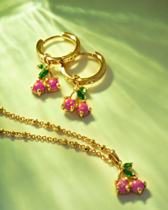 Cherry Gold Huggie Earrings in Berry Kyocera Opal image number 3.0