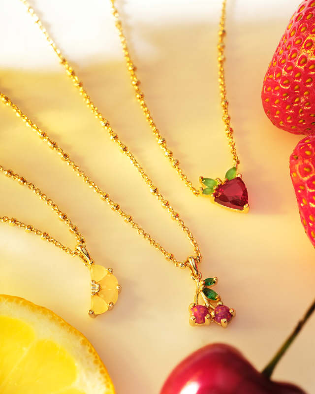 Strawberry Gold Short Pendant Necklace in Dark Pink Crystal image number 3.0