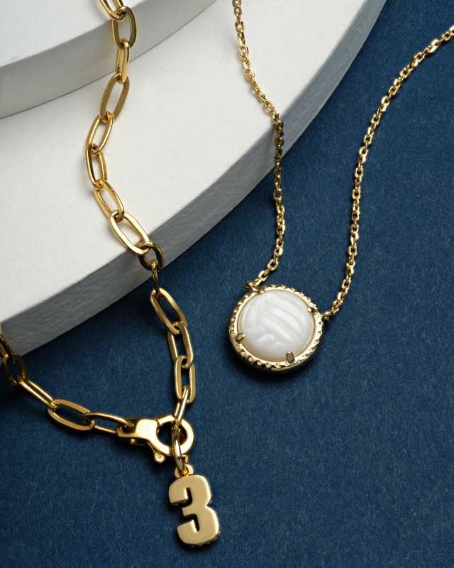 Volleyball Gold Short Pendant Necklace in White Mother-of-Pearl image number 4.0