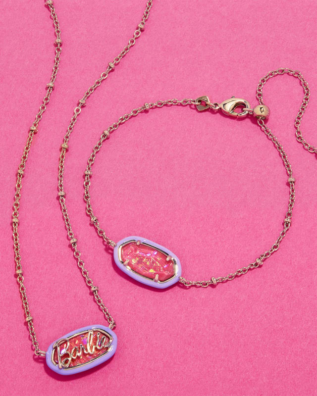 Barbie™ x Kendra Scott Gold Elisa Satellite Reversible Necklace in Pink Iridescent Glitter Glass image number 4.0
