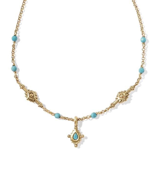 Shera Vintage Gold Short Pendant Necklace in Variegated Dark Teal Magnesite image number 0.0