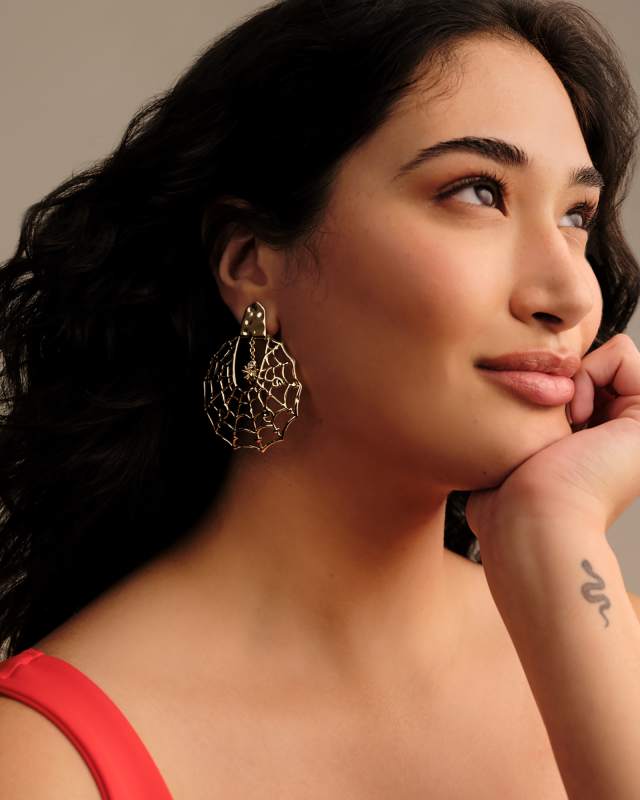 Spiderweb Gold Statement Earrings in White CZ image number 3.0