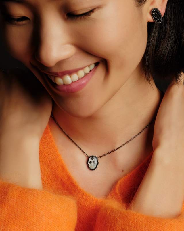 Skeleton Gunmetal Short Pendant Necklace in Ivory Mother-of-Pearl
