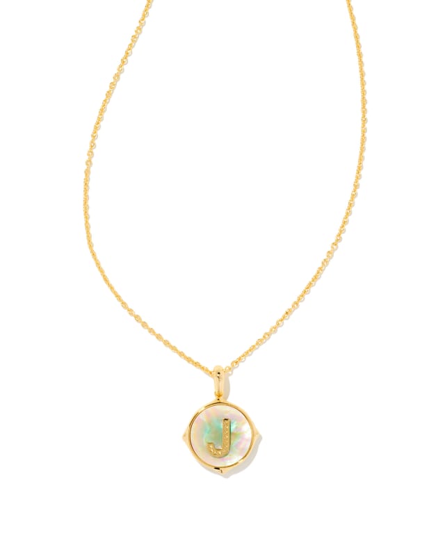 Letter J Gold Disc Reversible Pendant Necklace in Iridescent Abalone image number 0.0