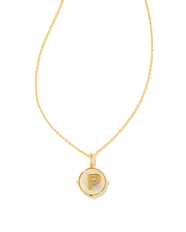 Letter P Gold Disc Reversible Pendant Necklace in Iridescent Abalone image number 0.0