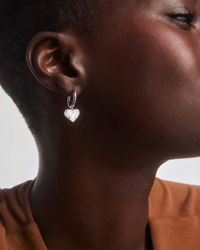 Ari Heart Silver Huggie Earrings in Ivory Mother-of-Pearl