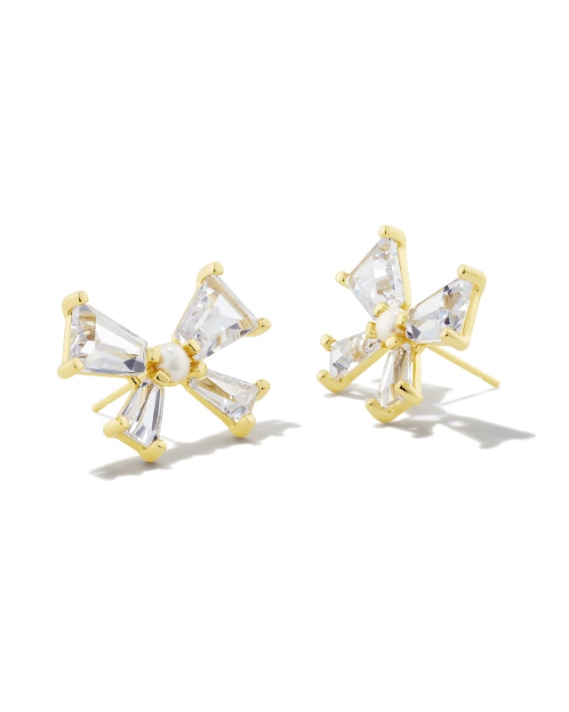 Blair Gold Bow Stud Earrings in White Crystal image number 0.0