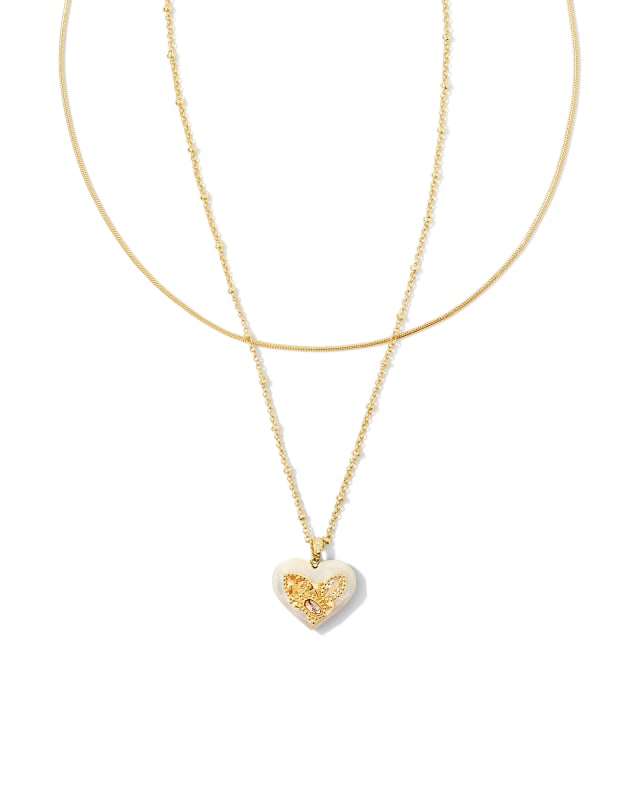 Penny Gold Heart Multi Strand Necklace in Ivory Mother-of-Pearl image number 0.0