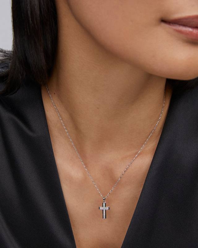 Cross Silver Pendant Necklace in White Kyocera Opal
