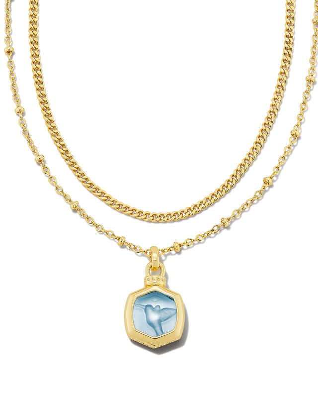 Davie Intaglio Gold Multi Strand Necklace in Light Sky Blue Glass Hummingbird image number 0.0