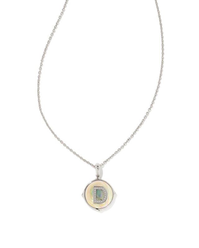 Letter D Silver Disc Reversible Pendant Necklace in Iridescent