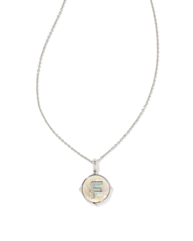 Letter F Silver Disc Reversible Pendant Necklace in Iridescent Abalone image number 0.0