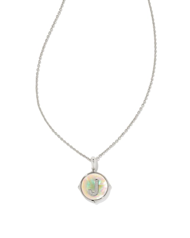 Letter J Silver Disc Reversible Pendant Necklace in Iridescent Abalone image number 0.0