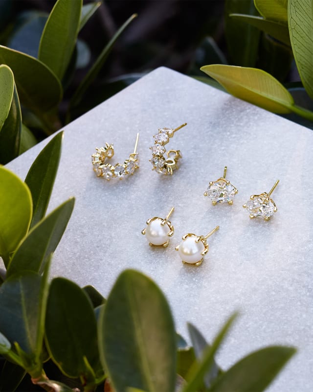 Livy Silver Huggie Earrings in White Crystal