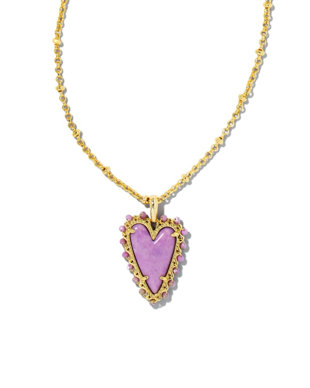 Beaded Ansley Heart Gold Pendant Necklace in Lilac Phosphate Kendra Scott