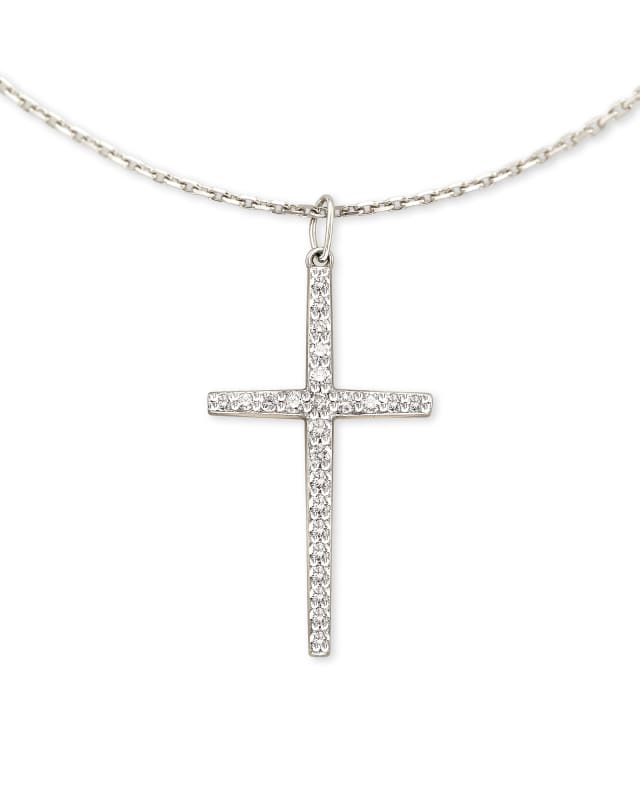 Large Cross 14k White Gold Pendant Necklace in White Diamond image number 0.0