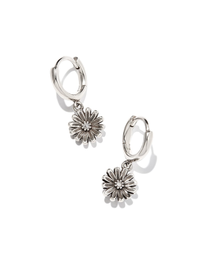 Daisy Oxidized Sterling Silver Huggie Earrings in White Diamond image number 0