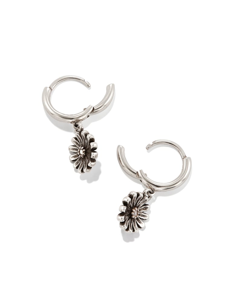 Daisy Oxidized Sterling Silver Huggie Earrings in White Diamond image number 2
