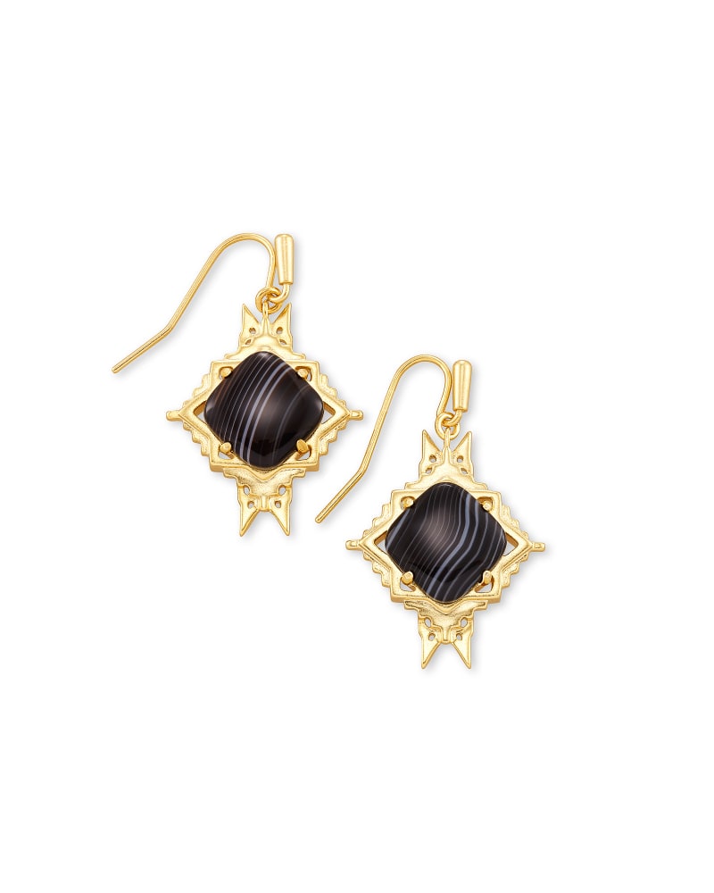 Cass Gold Drop Earrings in Black Banded Agate image number 0